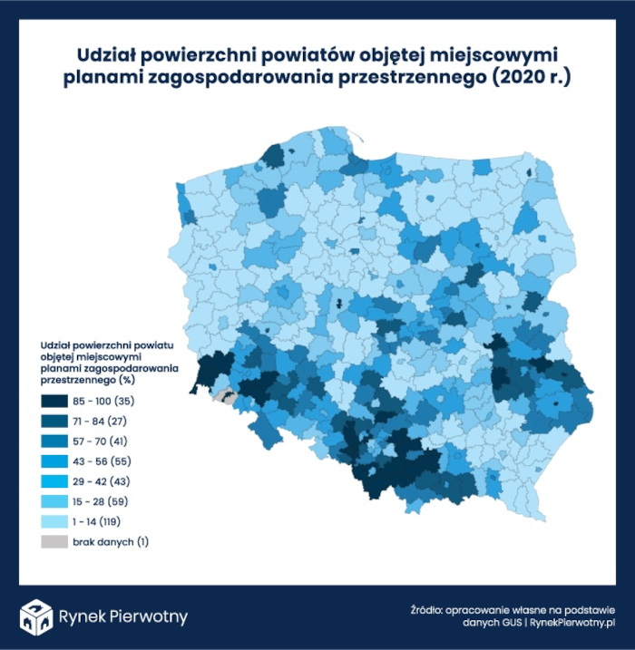 Udział powierzchni powiatów objętej MPZG - 2020 rok
